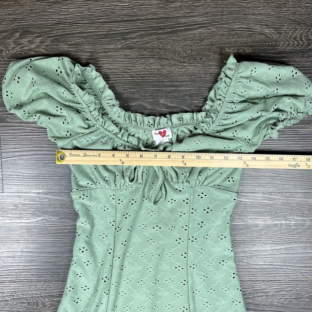Heart & Heels Babydoll Mini Dress Size Small Green Y2K Coquette Milkmaid Eyelet - Picture 5 of 9